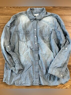 Chicos Denim Chambray Shirt Blue Button Up Long Roll Tab Sleeve Women 2 Large